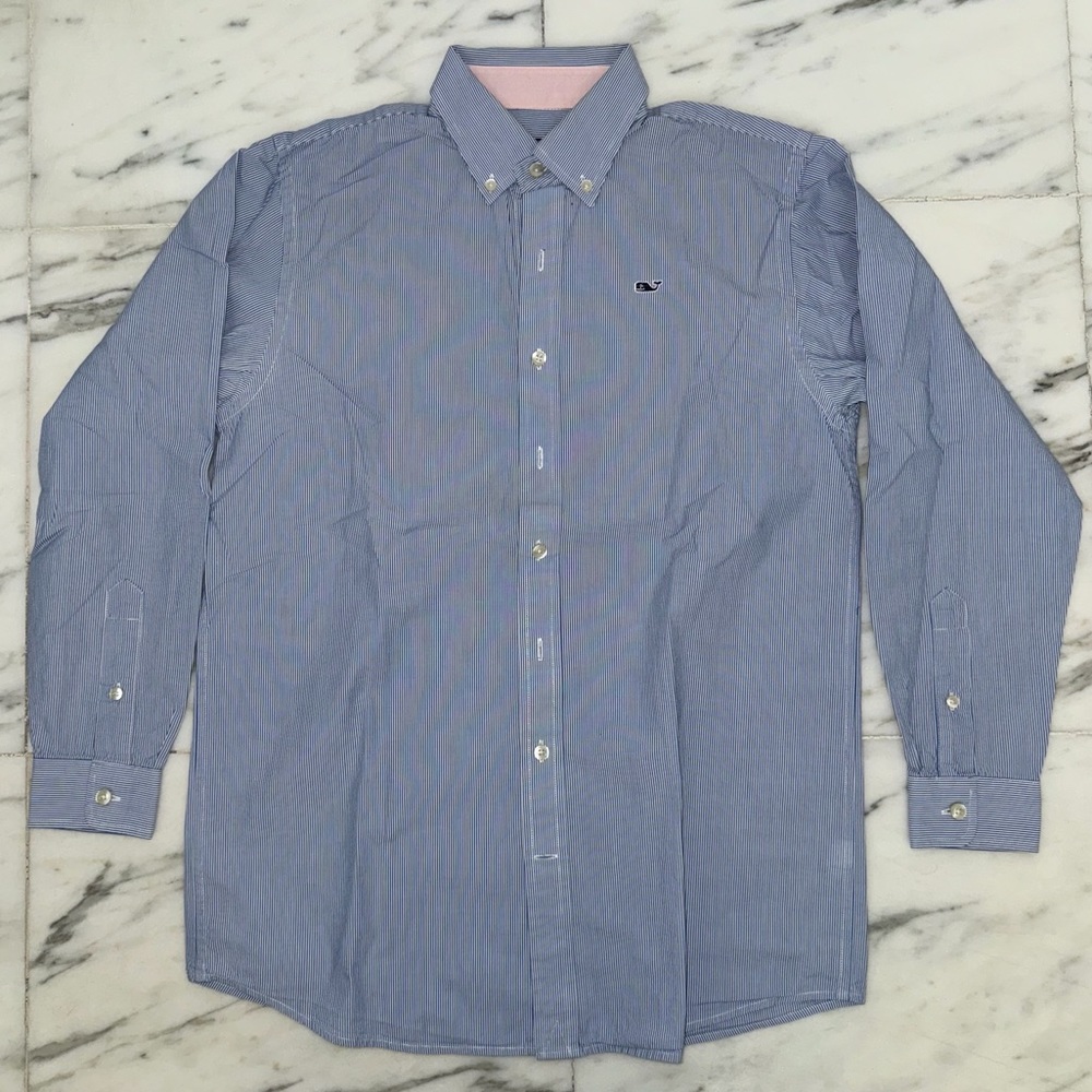 Vineyard Vines Whale Shirt in Blue Micro Stripe, Boys Size L